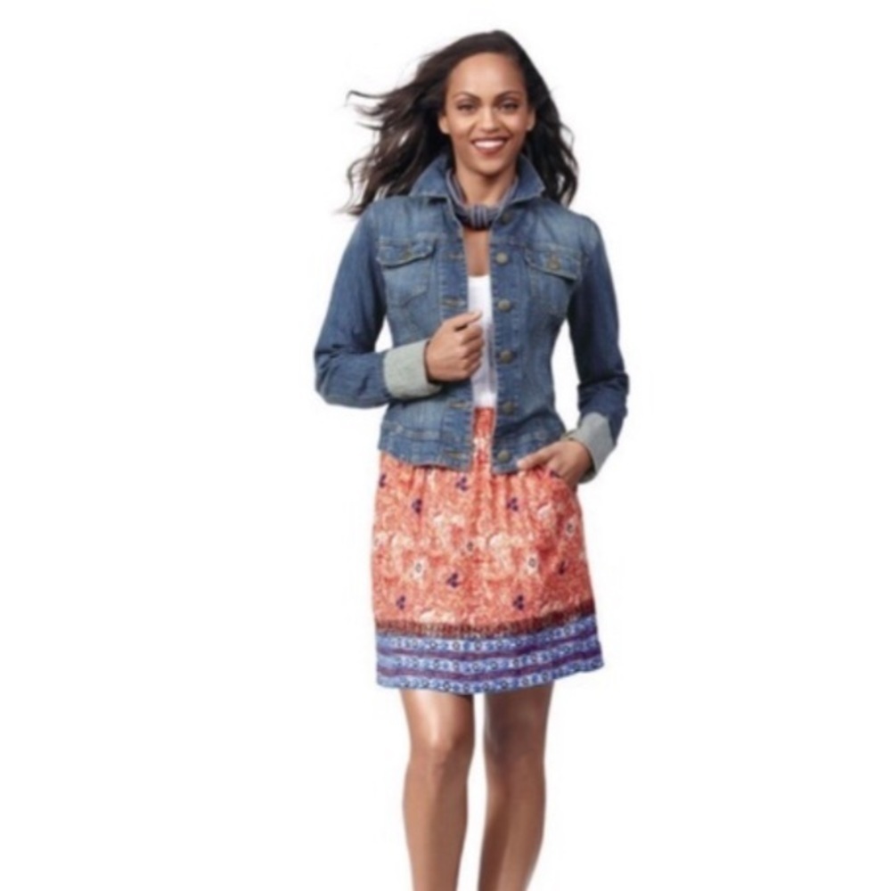 CAbi Orange Printed Mini Skirt with Blue Border
